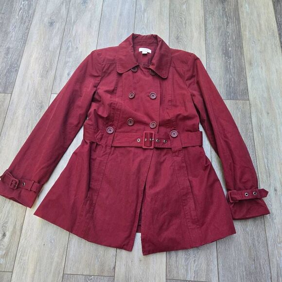 Loft casual red trench pea coat  double breasted buttons tie 8 cotton blend - Picture 1 of 10